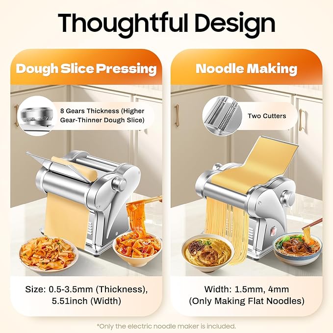 Electric Pasta Maker Machine, Automatic Dough Sheeter Dough Roller, Noodles Dumpling Skin Maker, Thickness Adjustable Stainless Steel, for Home Family Use(110V)