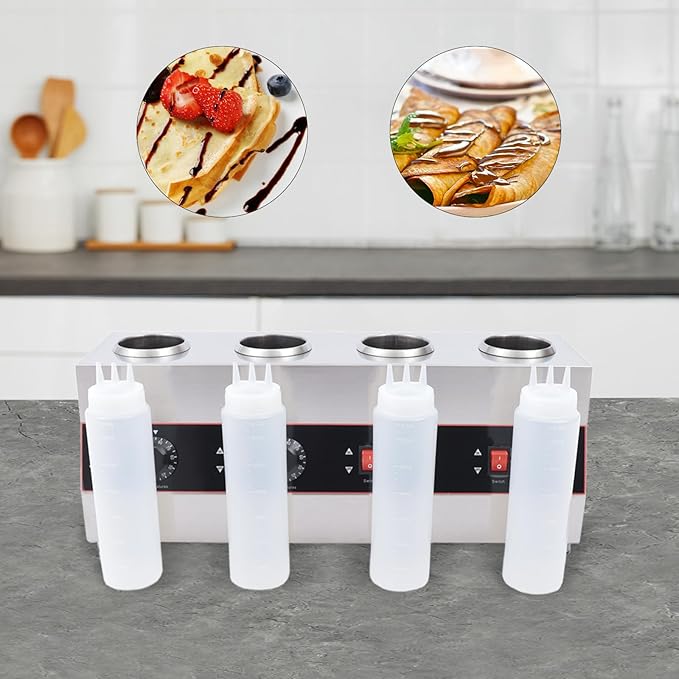 Electric Nacho Cheese Warmer Machine 4 Pot Commercial Hot Fudge Dispenser Stainless Steel Hot Chocolate Dispenser with 4 Sauce Squeeze Bottles for Cheese Caramel Jam Ketchup 640W (4 Pot)