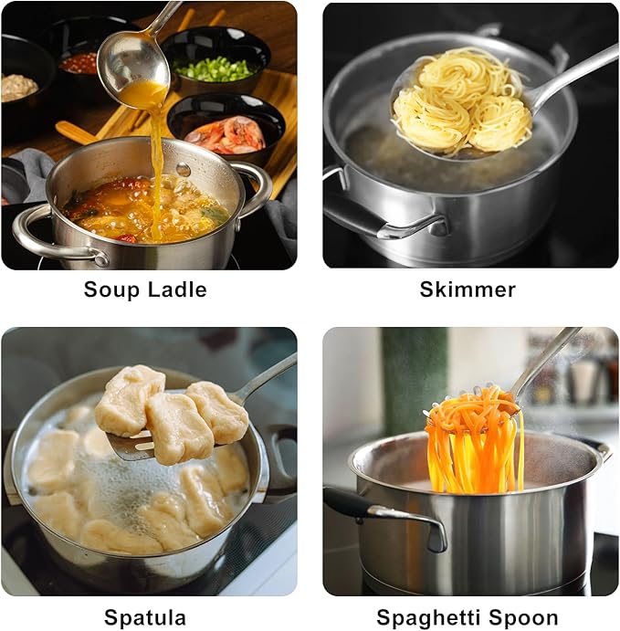 Stainless Steel Kitchen Utensils Set,6 PCS Metal Cooking Utensils Set,Large Spoon,Spaghetti Spoon,Wok Spatula,Skimmer,Soup Ladle etc(Dishwasher Safe)