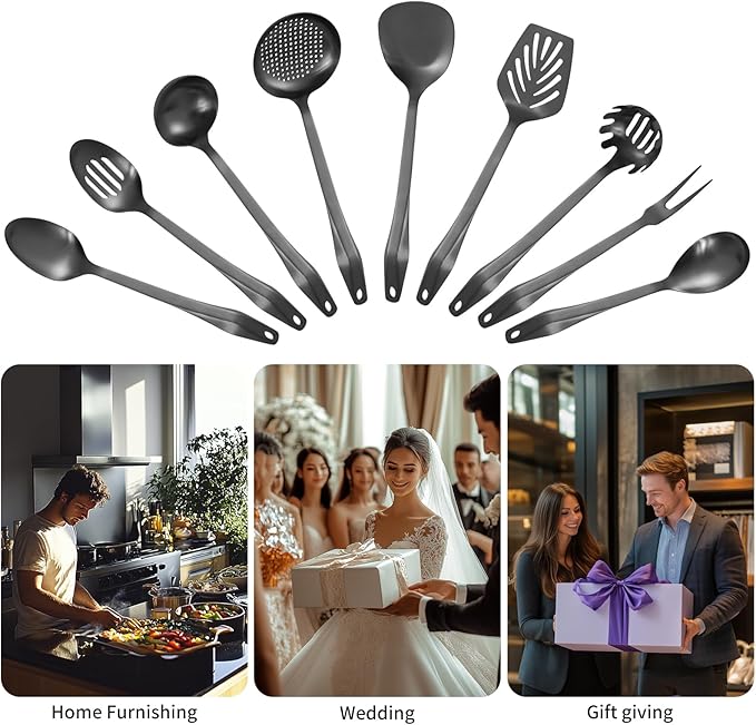 304 Stainless Steel Kitchen Utensil Set - 9pcs Cooking Utensils, Metal Kitchen Utensil Spatula Sets Cookware,High temperature resistance Kitchen Tool Set for Hanging Dishwasher Safe(Black)