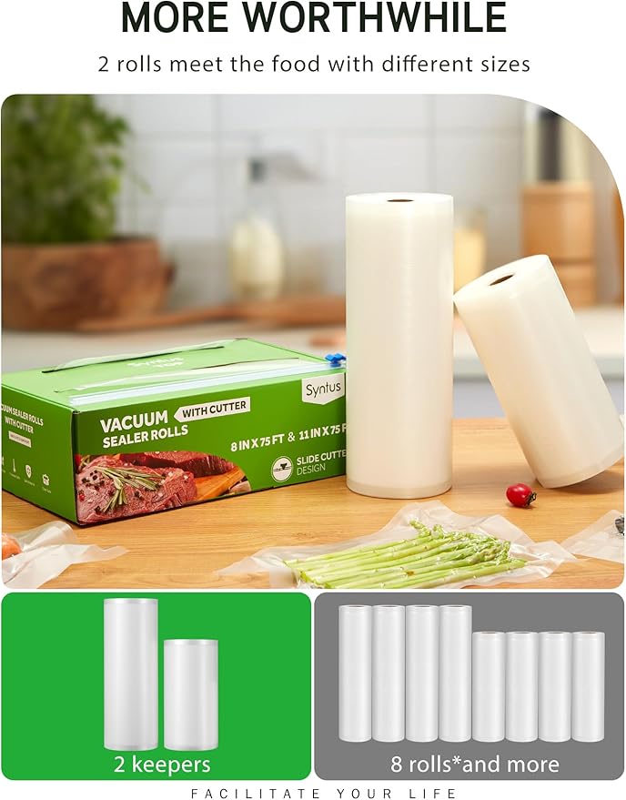 Syntus 11" x 75' and 8" x 75' Food Vacuum Seal Roll Keeper with Cutter Dispenser, Commercial Grade Vacuum Sealer Bag Rolls, BPA Free Food Vac Bags, Ideal for Storage, Meal Prep and Sous Vide