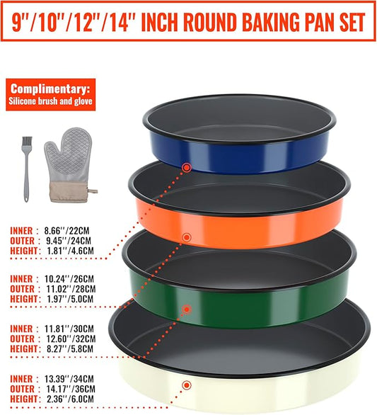 Enamel Round Baking Pans Set Roasting Dish 4-Pack 9/10/12/14 Inch Non Stick Large Cookware for Cake Bread Pie Pizza Turkey Steak, Non-Toxic Carbon Steel Oven Dishwasher Safe Thanksgiving Bakeware