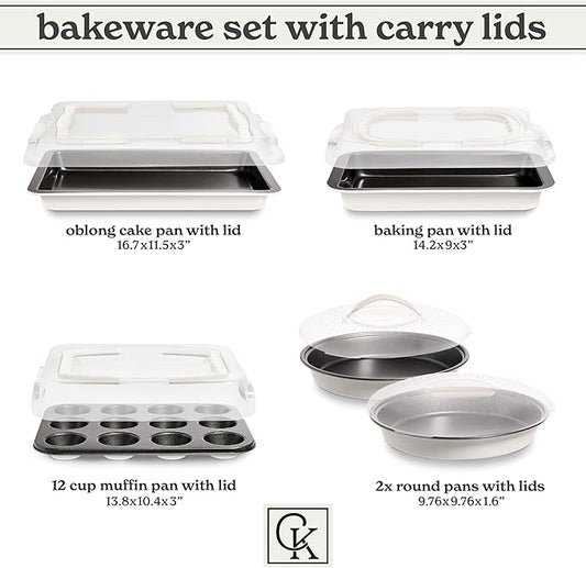 Country Kitchen Baking Pans Set - 10 Piece Non-Stick Cake Pans with Carry Lids for Easy Storage & Travel, Perfect for Parties - Stackable, Cream