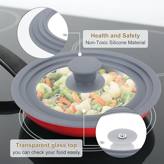uxcell 1Pcs Universal Lid for Pot Fit 9.5, 10, 11 Inch Diameter Cookware, Replacement Pan Lids with Heat Resistant Silicone Rim, Steam Vent Pan Lid for Pots, Frying Pans, Skillets, Gray