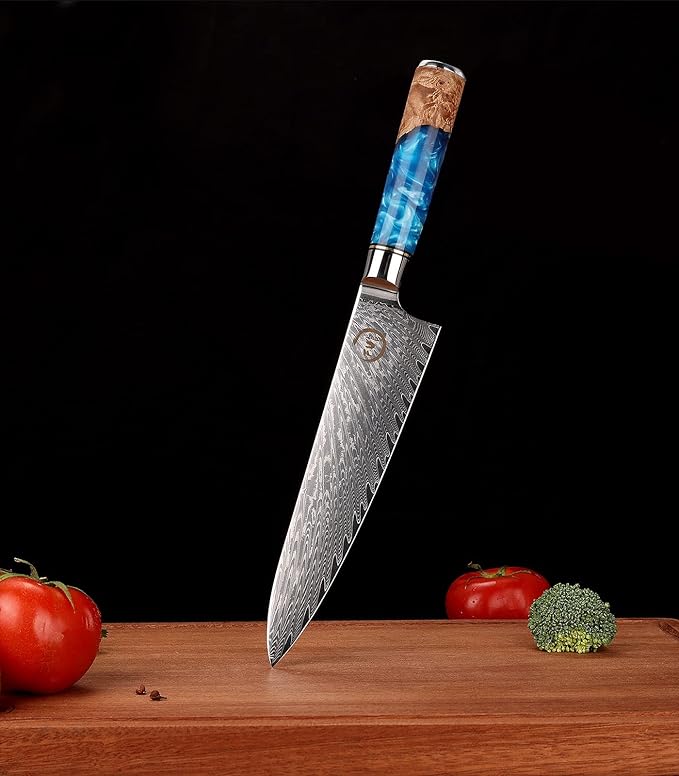 Chef Knife 8 inch, Damascus Chef Knife Japanese VG10 Core Steel with 66-Layers High Carbon Professional Sharp Chefs Knife 8" Blade Ergonomic Beautiful Blue Resin Handle Gift Boxed