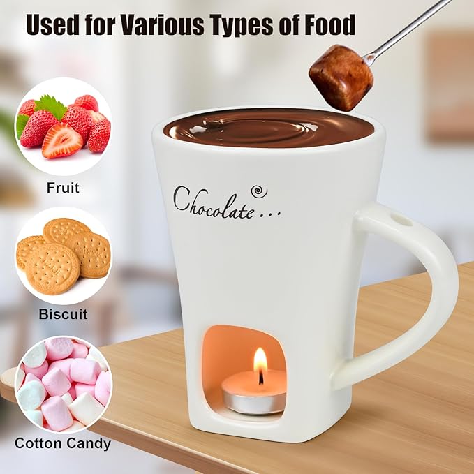 Sweet Fondue Cup for Chocolate Cheese Candy Butter - Chocolate Fondue Mug with Fork & 4 Candle, Mini Ceramic Chocolate Melting Cup, Personal Chocolate Melting Pot for Date Night Birthday (White)