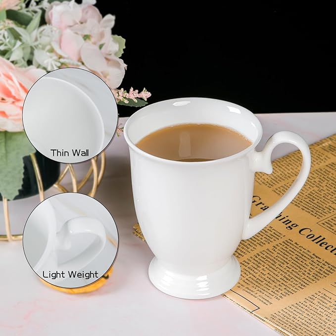 Luxury Fine Bone China White Coffee Mugs Set of 4 (8 oz), Ceramic Euro Style Tea Cups, Elegant Durable Coffee Cups Set for Gifts, Women, Men, Mom, Dad, Wedding