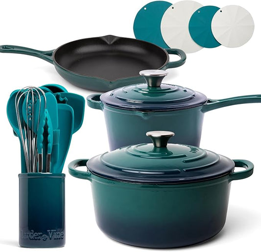 Larder & Vine 21 Piece Cookware Set (Bondi) | Dutch Oven, Utensil Set, Saucepan, Skillet, and Trivets