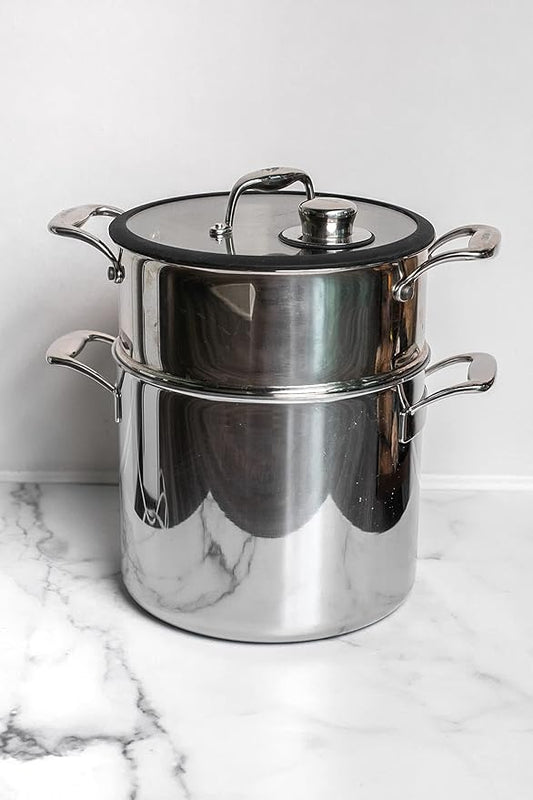 Party Pot, 9.8-Quart Triple Clad Pot with Portal Lid and 3-Quart Steamer, PTFE & PFOA Free, Freezer to Oven Safe, Induction Compatible Silver Extra Large