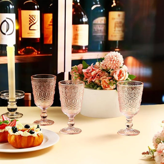 Eaasty Wine Glasses Set of 6 Vintage Goblet 9 oz Vintage Colored Glass Goblet Beverage Stemmed Glass Cups Romantic Embossed Glassware for Wedding Party Holidays Anniversary (Pink)