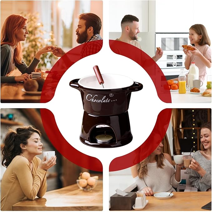 Chocolate Fondue Mug - 330 ml Ceramic Chocolate Melting Cup | Ceramic Personal Fondue Coffee Mug Warmer with Fork | Handmade Melting Butter Warmer for Appetizer Dessert Cheese (Brown)