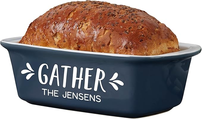 Personalization UniversePersonalized Gather & Gobble Ceramic Loaf Pan, Hand-Glazed Stoneware Baking Dish for Homemade Bread, Meatloaf, 1.5 Quart Capacity, Oven Safe - Navy