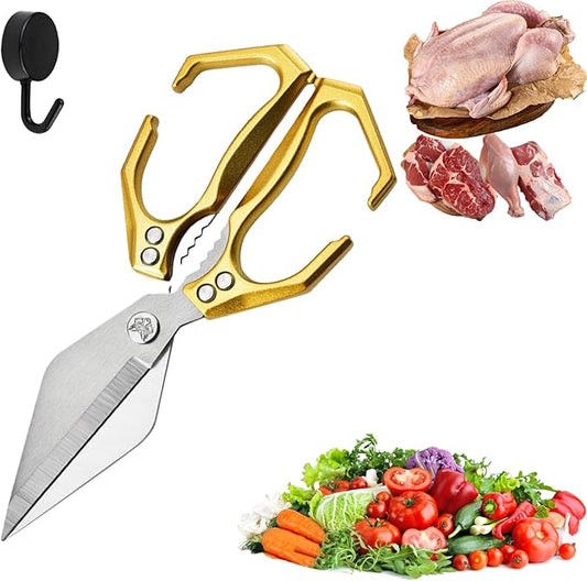 Seattleget Multifunctional Heavy-Duty Kitchen Shears, High-Carbon Steel 9.25" Multipurpose Kitchen Scissors for Chicken, Meat & Veggies, Ergonomic Non-Slip Handle, Built-in Nut Cracker (Yellow)