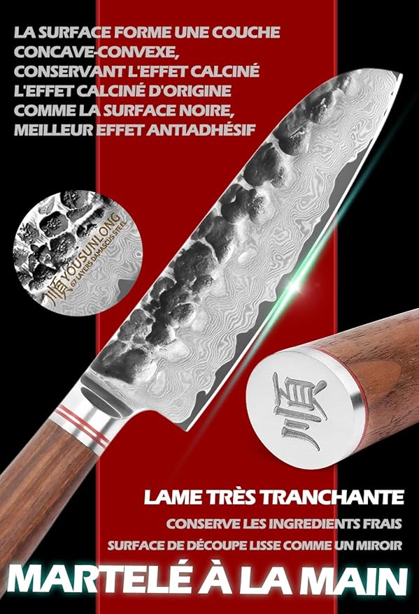 YOUSUNLONG Santoku Knife Chef Knife 5 Inch Asian Knife Japanese Hammered Damascus Steel Ultra Sharp Blade Natural Walnut Wooden Handle