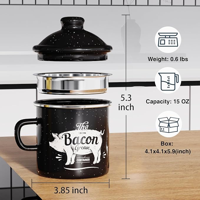 PGYARD Mini Bacon Grease Container With Strainer - 15OZ Enamel Grease Saver, Farmhouse Bacon Grease Keeper For Kitchen Fat Storage, Dishwasher Safe-Black