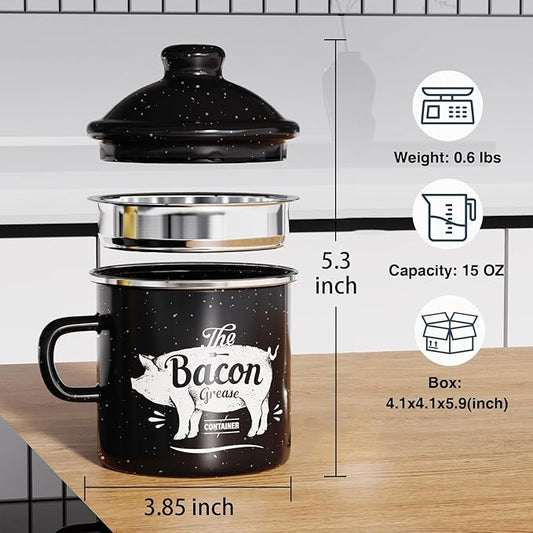 PGYARD Mini Bacon Grease Container With Strainer - 15OZ Enamel Grease Saver, Farmhouse Bacon Grease Keeper For Kitchen Fat Storage, Dishwasher Safe-Black
