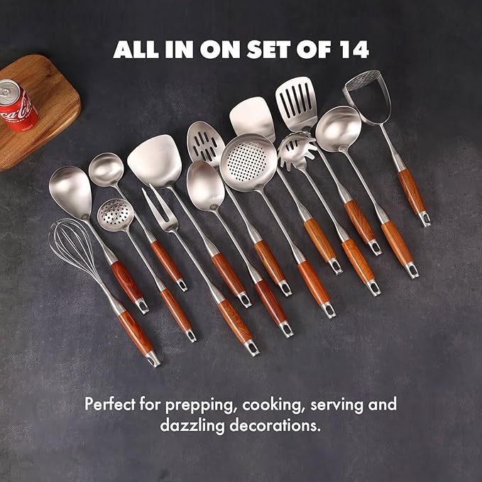 18/10 Stainless Steel Kitchen Utensils Set with Wooden Handle - 14 PCS Metal Cooking Tools & Serving Utensil, Large and Small Spoons Set - Whisk, Masher, Fork, Spatula, Turner, Ladle, Skimmer, Pasta