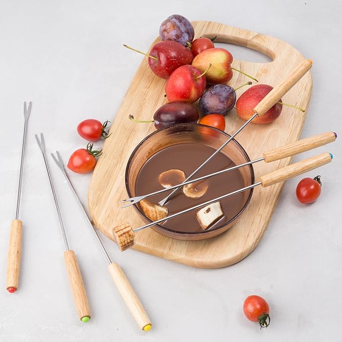 12PCS 9.5 Inch Color-Coded Wood Fondue Forks, Stainless Steel Fruit Fondue With Heat-Blocking Handle for Chocolate Fountain and Cheese