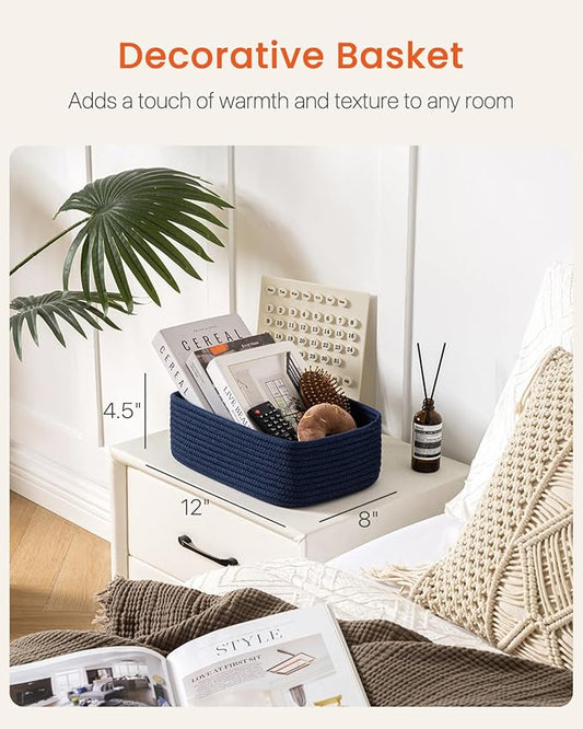 Small Woven Basket, 12 x 8 x 4.5 Inches, Storage Basket for Organizing, Cute Small Rope Shelf Closet Cube Storage Bins Baskets for Shelves, Dog Toy Gift Baskets Empty, 3 Packs, Navy Blue
