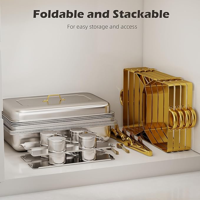 4 Pack Stainless Steel Chafing Dishes for Buffet, 9 QT Capacity 7 Pans Food Warmers for Parties, Weddings, Events Hosting, Family Gatherings, Full Set Catering Server with Serving Utensils Accessories