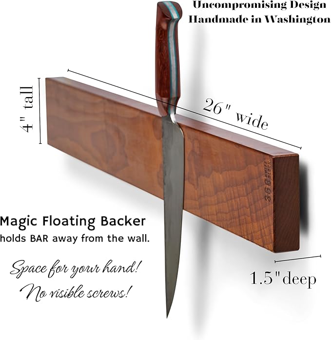 360KnifeBlock BAR – 26"x 4” - Guitar Wood - 2 Rows of Magnets, backer w/level system, 2"screws, handmade in Washington – WOOD