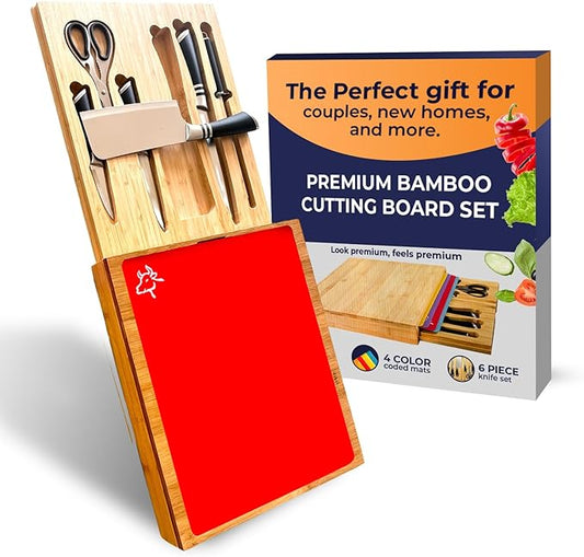 3-in-1 Bamboo Cutting Board Set – Pre-Oiled 15.7"x13.5" – Knife Drawer | Anti-Slip | Color-Coded Mats | 6-Piece Knife Set | Premium Gift | Charcuterie & Prep