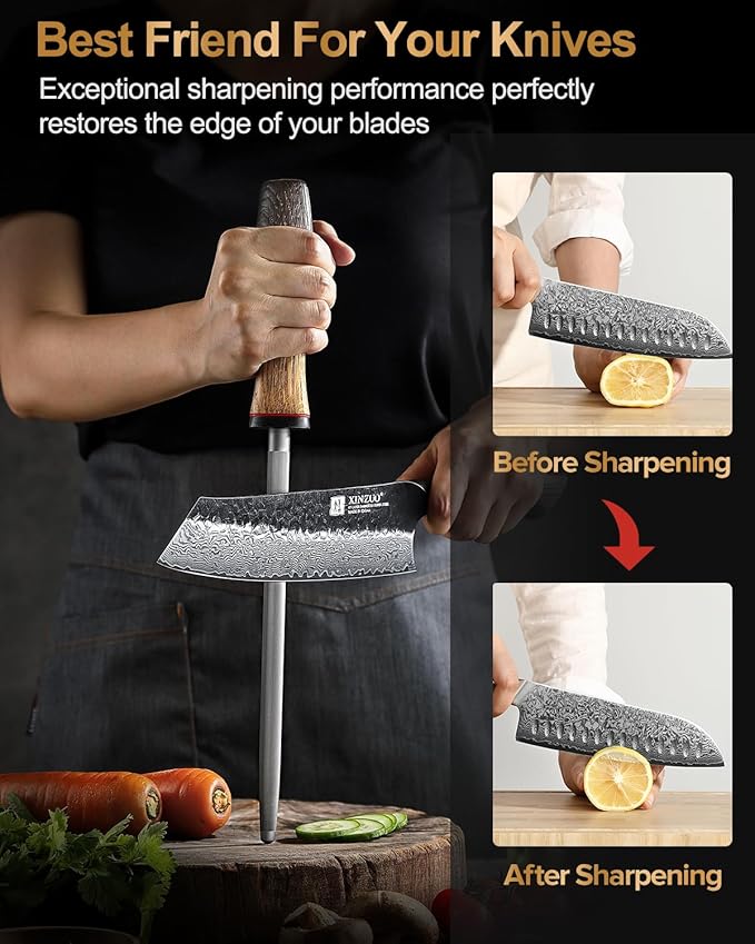 XINZUO 9.1 Inch Knife Sharpener Rod,High-Carbon Steel Hard Chrome Plating Honing Rod For Various Kitchen Knives Grinding, Pruning Shears With White Oak + Red G10 Gasket Handle