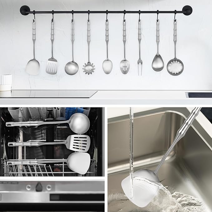 18/10 Stainless Steel Kitchen Utensils Set,9pcs Metal Cooking Utensils Set Cookware for Wok Tools,14 inch Long Heavy Duty Kitchen Tools Set for Chef