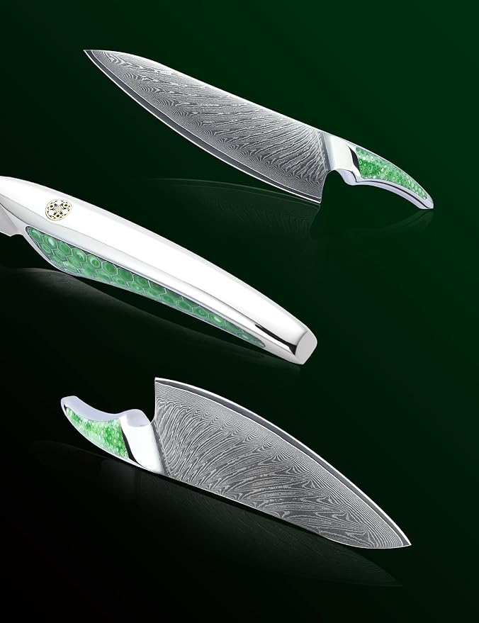 8 inch Chef Knife, Japanese VG-10 Damascus Steel Kitchen Knife, Ultra Sharp Cooking Knife with Full-tang Handle in Green Resin, LA-S9 Series