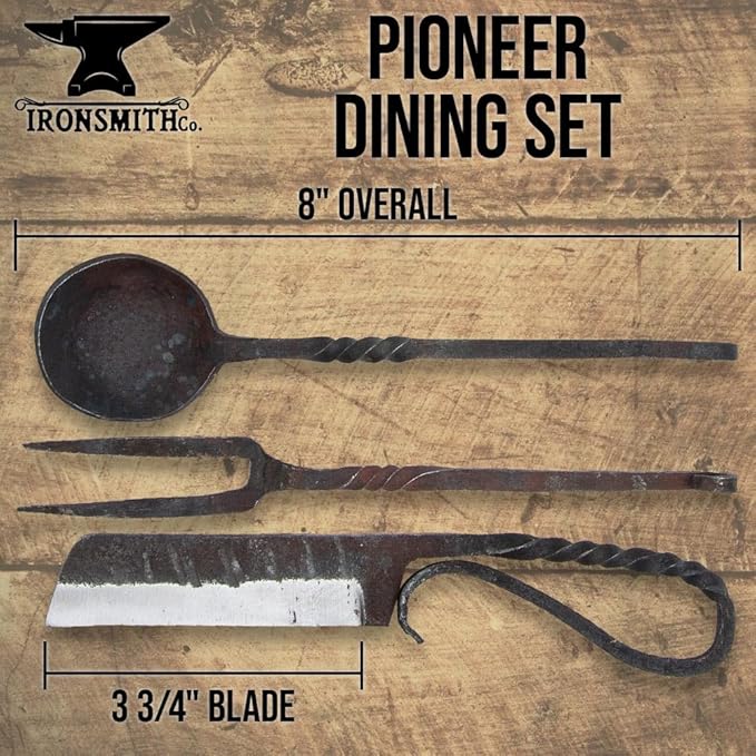 The Ironsmith Co. Pioneer Dining Set | Hand-Forged High-Carbon Steel | Blackened Antique Finish | Twisted Handle Design | Includes Knife, Spoon, Fork | Folding Leather Storage Pouch | 8" Overall