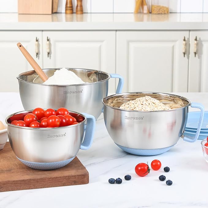Rorence Stainless Steel Mixing Bowls Set: Non-Slip Silicone Bottom Kitchen Bowls with Pour Spout, Handle and Lid - Set of 3 - Light Blue