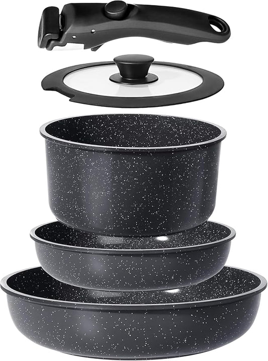 GiPP Ceramic Pots and Pans Set Non Stick, Nonstick Detachable Handle Cookware Sets, Non Toxic Induction Kitchen Pot and Pan with Removable Handle, Healthy RV Cookware, Dishwasher &Oven Safe, 5 Piece