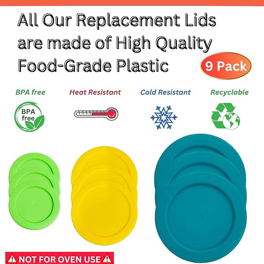 1, 2 & 4 Cup Spring Green, Yellow, Turquoise Replacement Lids/Covers for Pyrex, Anchor Hocking & KlareWare Storage Bowls *Lids Only Glass Container Not Included* (9 Pack *Three of Each Size*)