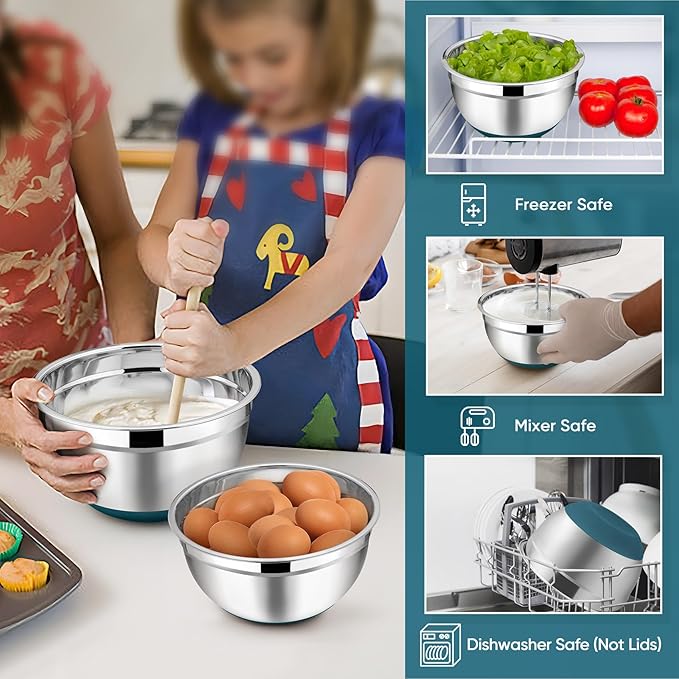 TeamFar Mixing Bowls with Lids Set, 7/3.5/2.5/1.5/1 QT, Stainless Steel Large Metal Nesting Salad Bowl Set of 5, Healthy & Sturdy, Non-slip Bottom & Airtight Lid-Blue