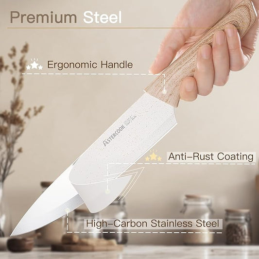 Astercook Knife Set, 13 Pieces Kitchen Knives Set with Ceramic Coating, Stainless Steel Chef Knife Sets with 6 Blade Guards, Dishwasher Safe Sashimi Knives For Fish with Wooden Handle, White