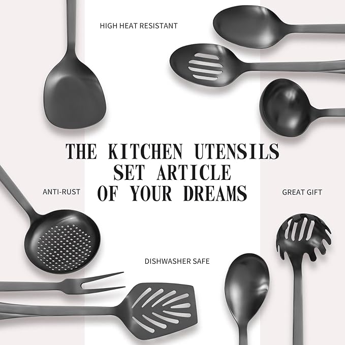 304 Stainless Steel Kitchen Utensil Set - 9pcs Cooking Utensils, Metal Kitchen Utensil Spatula Sets Cookware,High temperature resistance Kitchen Tool Set for Hanging Dishwasher Safe(Black)