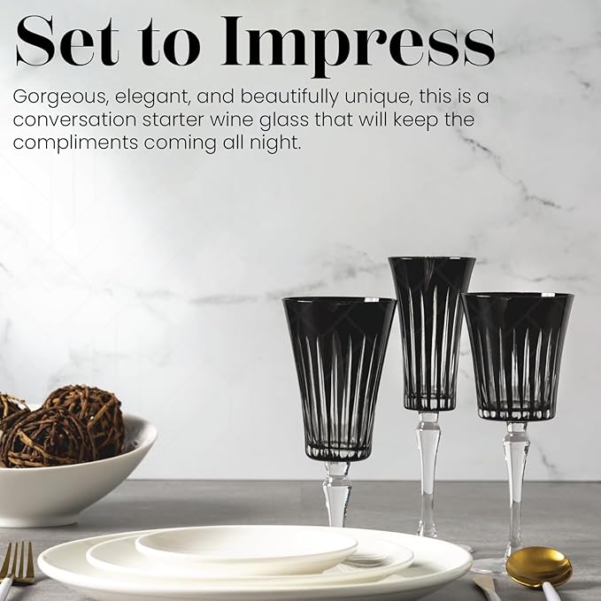 Vikko Champagne Flutes, Timeless Collection 6 Ounce Elegant Wine Glass for Fine Dining, Set of 4 Black Goblets with Stem, Dishwasher Safe