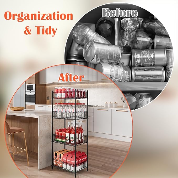 Vrisa Water Bottle Organizer 4 Tiers Free Standing Water Bottle Holder Beverage Soda Can Drink Holder Stand Can Organizer Storage Rack for Pantry Kitchen Food Storage, Black