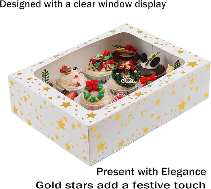15 Packs Christmas Cupcake Boxes 12 Count, 13x10x3.5 Inch Gold Star Cupcake Containers with Clear Window, Auto-Pop Up Cupcake Carrier with Inserts for Cup Cake, Cupcake Holder for Cookies and Pastry