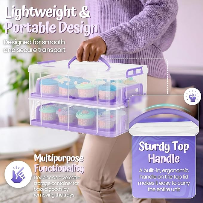 Flexzion Cupcake Carrier, Cupcake Holder for 24 Cupcakes, Portable and Reusable Rectangular Cake Carrier with Lid and Handle, 2 Tier Stackable Layer Insert (Purple)