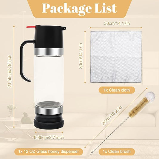 12 OZ Honey Dispenser No Drip with Stand,Extra Large Glass Syrup Dispenser with Clean Brush and Cloth, Easy One Hand Use Honey Jar Pot for Coffee Bar,Tea,Glass Syrup-Black