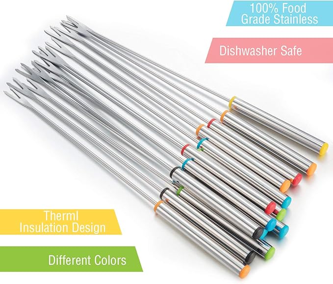 12 Pcs 9.5 Inch Fondue Forks with Heat Resistant Handle Stainless Steel Fondue Sticks for Cheese Pot Chocolate Roast Marshmallows Meat