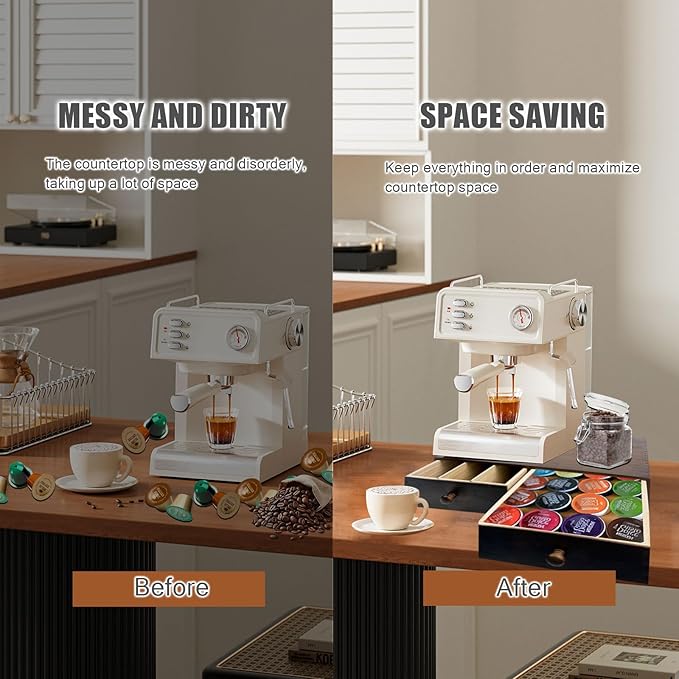 Wooden Coffee Pod Drawer,Holders for Counter with 2 Drawers and Silicone Non-Slip Pad, Drawer Organizer (30 Pod Capacity)