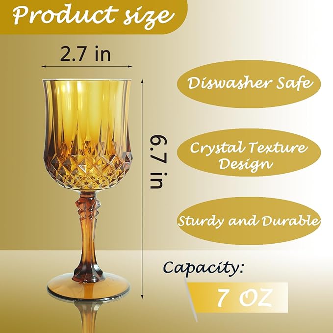 Plastic Wine Glasses,Plastic Goblets Vintage Style Cordial Drinking Glasses for Wedding Reception, Grand Event Party Supplies (48, Amber)