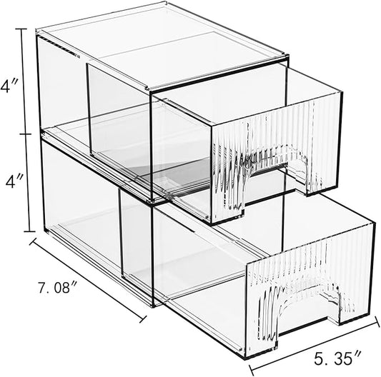 ZHIAI 2 Pack Clear Stackable Cosmetic Organizer, Acrylic Drawer, Plastic Organizer for Dresser, Vanity, Kitchen Cabinet, Pantry, Home Organization and Storage