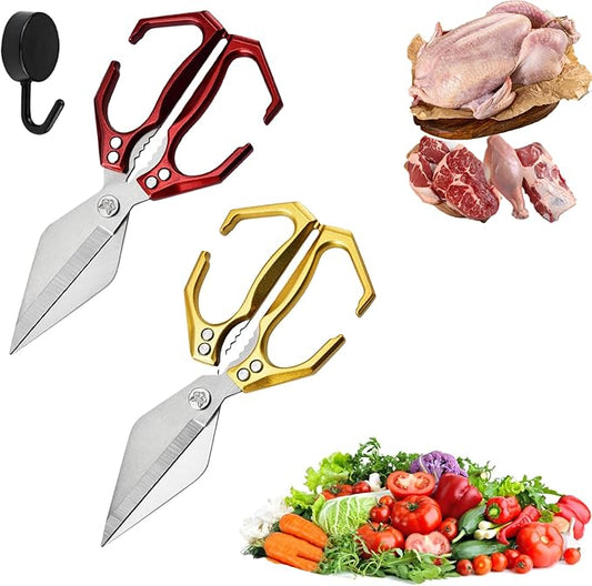 Seattleget Multifunctional Heavy-Duty Kitchen Shears, High-Carbon Steel 9.25" Multipurpose Kitchen Scissors for Chicken, Meat & Veggies, Ergonomic Non-Slip Handle, Built-in Nut Cracker (Red+Yellow)
