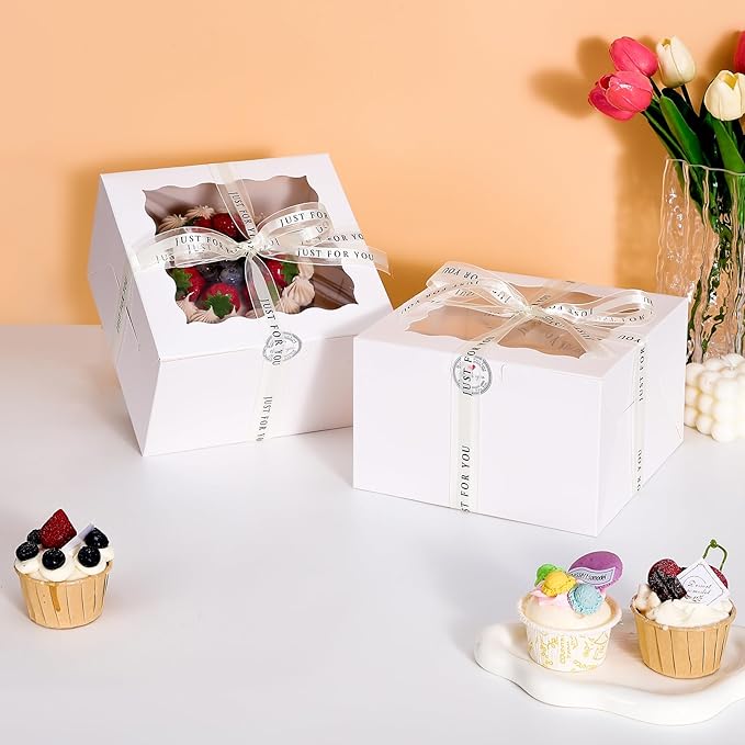 28Packs 7x7x5 Inch Small Cake Boxes, White Bakery Boxes with Window, bento cake boxes for Pastries, Cookies,Birthday Party, Valentine's Day Cajas Pasteles.(White, 775inch/28pcs)