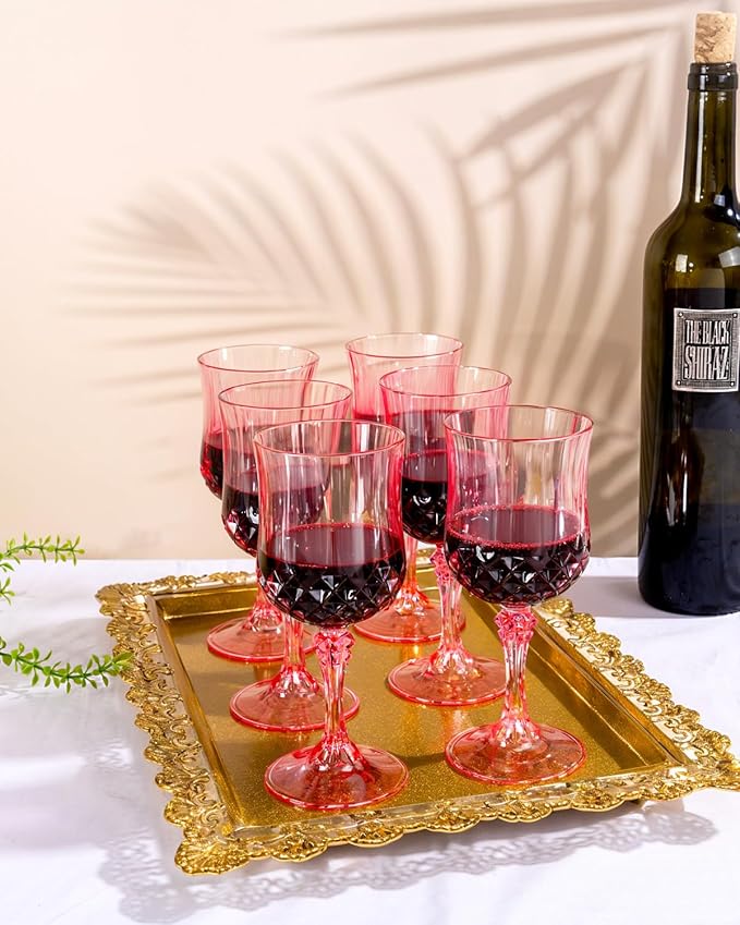 Ciaell 24PCS Pink Plastic Wine Glasses - 7 Oz Plastic Goblets for Party - Pink Vintage Drinking Glasses - Disposable Water Goblets Set for Wedding, Bar, Wine, Beer, Juice, Cocktail, Whiskey