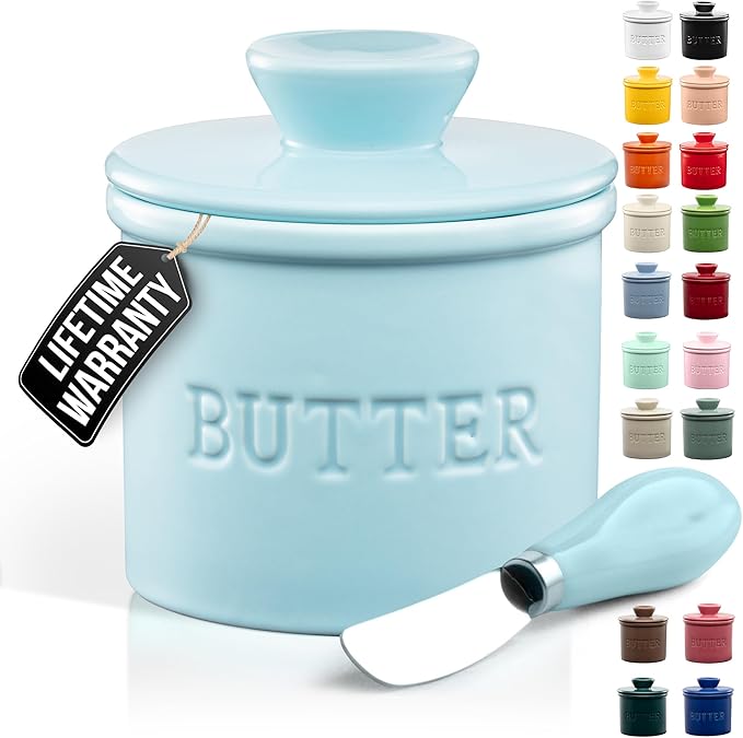 Zulay Kitchen Porcelain Butter Crock With Lid & Knife - Authentic French Butter Dish For Fresh & Spreadable Butter - Light Blue