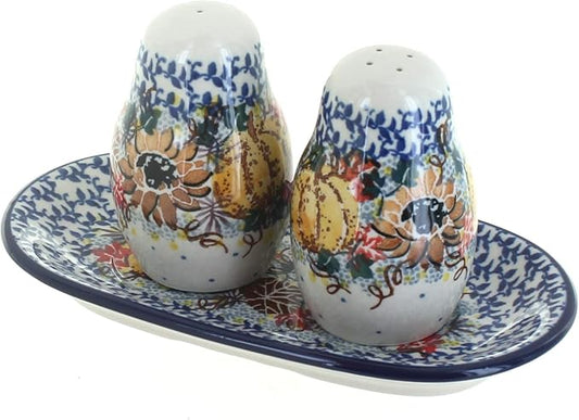 Blue Rose Polish Pottery - Brown Harvest Bounty Salt & Pepper Shakers with Tray - 3.5" Tall - Hand-Painted Ceramic Seasoning Set for Table & Kitchen